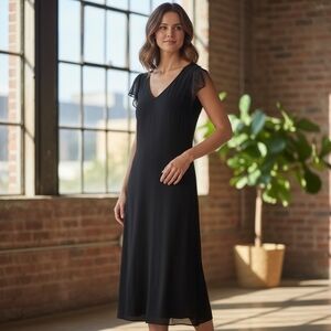 Vintage Gown JONES NY Black V-Neck Ruffle Ball Gown Dress Open Back Sheer Dress